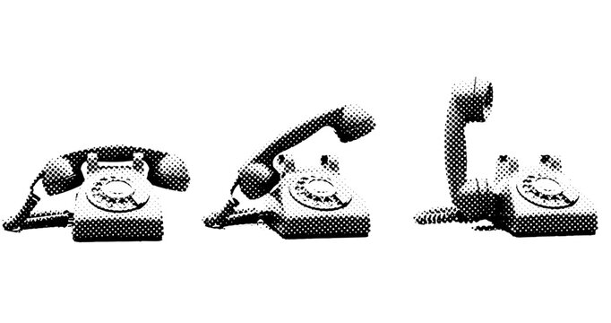 Vintage rotary telephones in halftone style with three different perspectives