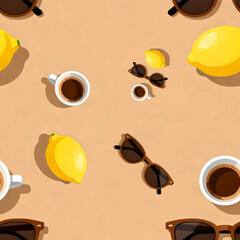 Coffee lemons and sunglasses on a warm sand background