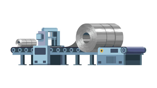 An industrial conveyor belt system transports metal sheet or foil rolls through a manufacturing process, symbolizing efficient industrial production.