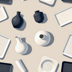 Isometric seamless pattern of black and white ceramic bottles and trays