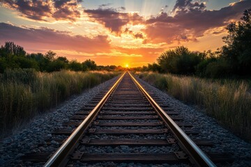 Obraz premium Sunset over railway tracks surrounded by greenery in a tranquil landscape