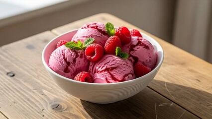 The main subject is a vibrant scoop of pink raspberry ice cream (or sorbet) served in a clean white ceramic bowl.