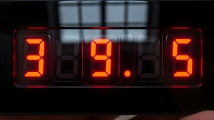 A digital display shows a temperature reading of 39.6 degrees in a dark room with sickness symptoms nearby.