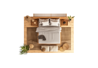 bedroom, top view, Mid-Century Modern Retro 1950s aesthetic with clean lines, organic shapes, and warm wood tones, high resolution