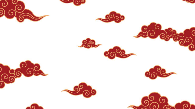Seamless pattern of vibrant red and gold traditional Chinese clouds, symbolizing good fortune and prosperity against a white background.