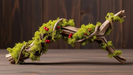 Gnarled driftwood branch with vibrant green moss and red berries intertwined
