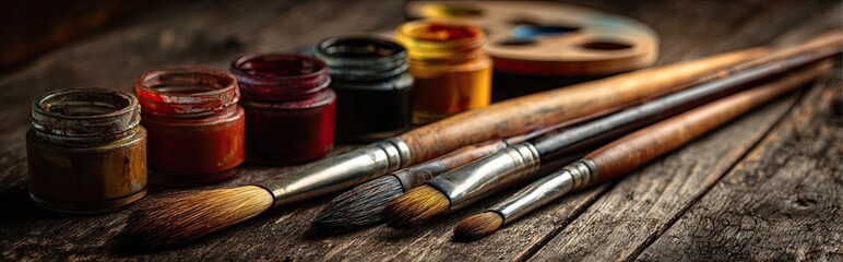 Fototapeta premium Close-up of art supplies; paint jars, wooden brushes, and palette rest on a rustic wooden surface