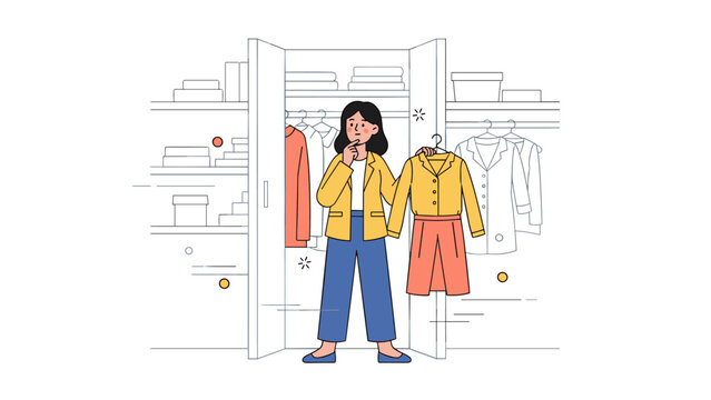 Young asian female choosing outfit from closet in minimalist room