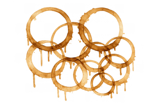 Overlapping coffee rings creating an abstract pattern with drips and texture, transparent background - Powered by Adobe