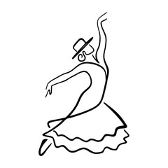 Baile típico español. Dibujo de trazo único de bailarina de flamenco con sombrero típico  © teracreonte