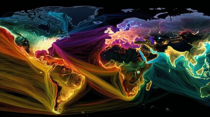Fototapeta na wymiar A vibrant global map showcases interconnectedness. Neon lines of light depict flows across continents. City lights glow
