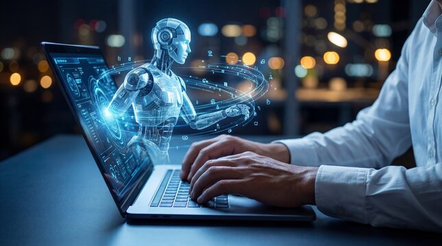 Futuristic holographic robot emerging from laptop screen as professional types, conveying innovation and collaboration in artificial intelligence and technology