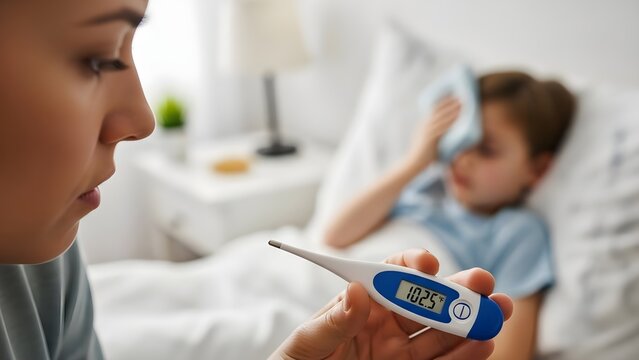 Mother checking child's temperature with digital thermometer, showing 38.5 degrees, while child lies in bed feeling unwell with sickness and discomfort