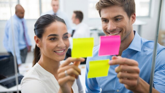 A man and woman are smiling while holding colorful sticky notes during a brainstorming session in a modern office. Collaborative teamwork concept. - Powered by Adobe