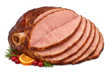 Sliced glazed spiral ham with orange and cranberries on transparent background for festive holiday dinner design
