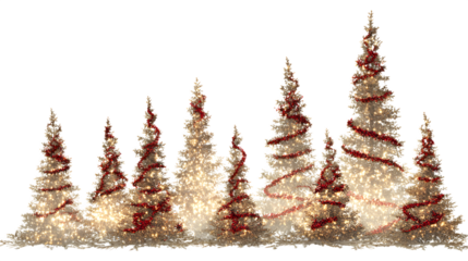 Illuminated christmas trees with red and golden garlands into a forest isolated on white background