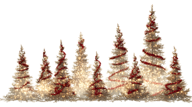 Illuminated christmas trees with red and golden garlands into a forest isolated on white background - Powered by Adobe