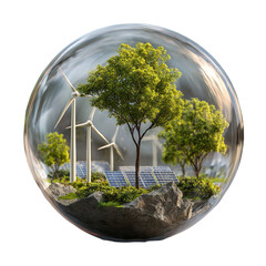 Sustainable Energy Landscape in Glass Globe with Green Trees and Renewable Energy Sources in Soft Focus for Environmental Campaign
