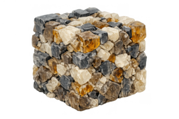 Cube block structure made from loose stones and rocks forming a geometric shape over a transparent background