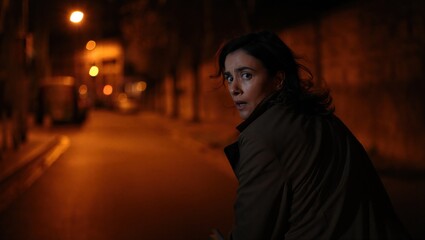 A woman glances back nervously while walking down a dimly lit street at night. Urban nighttime anxiety.