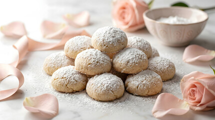 Butter cookies with powdered sugar and pink roses on a marble surface for a romantic theme.