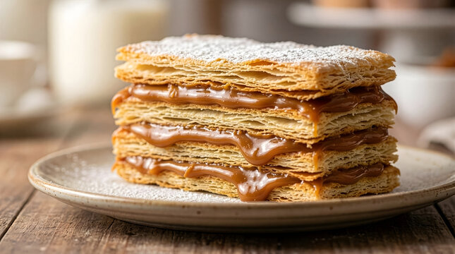 Crispy Milhojas pastry layers with Dulce de Leche caramel and powdered sugar on a plate.