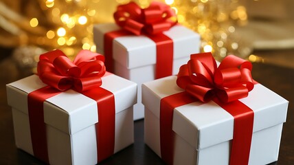 Obraz premium Four white gift boxes with red ribbons and bows on table gifts