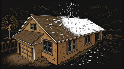 Roof with hail damage marked by inspection chalk concept. A detailed illustration of a house under a storm. Roof damage visible.