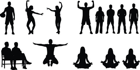 Collection of People Silhouettes Featuring Diverse Activities Including Yoga Meditation Dancing Jumping Sports Group Standing and Sitting for Modern Graphic Design