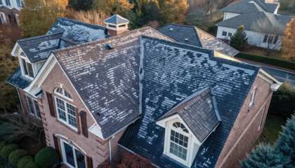 Roof with hail damage marked by inspection chalk concept. Aerial view of a residential roof with beautiful autumn foliage.