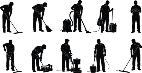 Professional, cleaner, silhouettes, set, featuring, men, mopping, sweeping, vacuuming, and, using, industrial, cleaning, equipment, for, janitorial, maintenance, service, business, vector