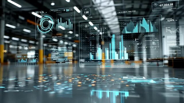Futuristic data visualization and real-time analytics dashboards in a high-tech industrial setting