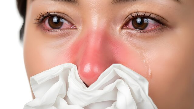 A close-up of a woman's face shows her blowing her nose with a tissue due to sickness.