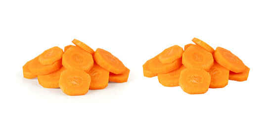 Round carrot slices isolated. Sweet orange vegetable cuts, fresh carrot circles pile