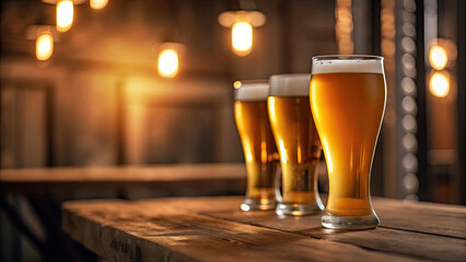 Golden beer glasses glowing on wooden table concept. Three glasses of golden beer on a rustic wooden table.