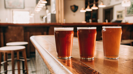 Golden beer glasses glowing on wooden table concept. Three glasses of craft beer on a wooden bar countertop.