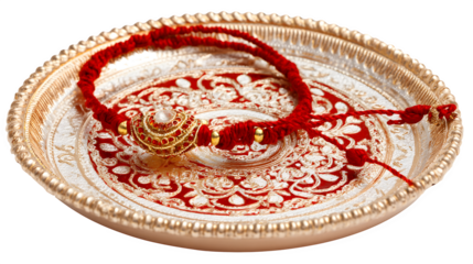 Raksha Bandhan 2025 Red Rakhi on Elegant Pooja Thali isolated on white background