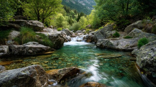 Serene mountain stream flowing through rocky terrain, surrounded by lush green trees and a peaceful forest in a picturesque natural landscape - Powered by Adobe