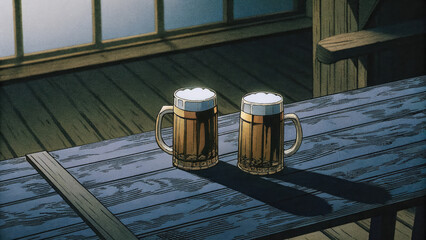 Golden beer glasses glowing on wooden table concept. Two frothy beer mugs resting on a wooden table indoors.