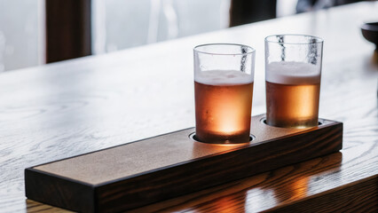 Golden beer glasses glowing on wooden table concept. Two glasses of amber beer on a wooden table in a modern setting.