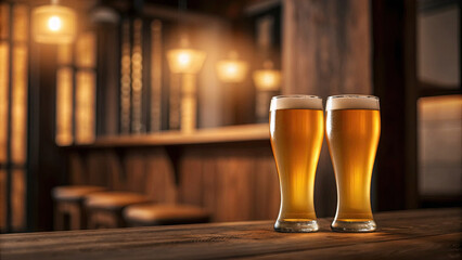 Golden beer glasses glowing on wooden table concept. Two glasses of beer in a cozy bar environment with warm lighting.