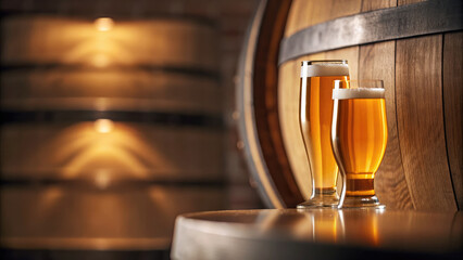 Golden beer glasses glowing on wooden table concept. Two glasses of beer next to wooden barrels in a warm setting.