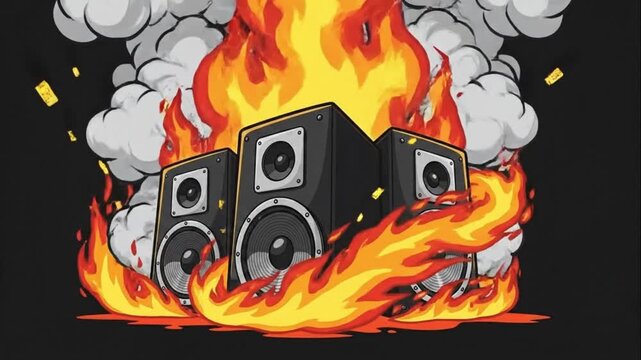 Burning Audio Speakers Loud Music Explosion Illustration