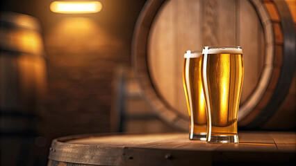 Golden beer glasses glowing on wooden table concept. Two glasses of cold beer on a wooden table with barrels.