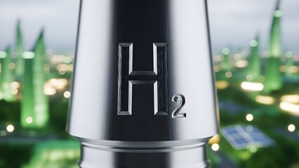 Hydrogen H2 logo on metal cylinder against futuristic green cityscape background