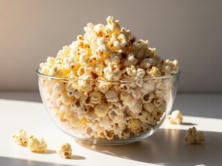A glass bowl filled with freshly popped popcorn on a table with scattered kernels