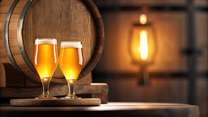 Golden beer glasses glowing on wooden table concept. Two glasses of golden beer beside a rustic wooden barrel.