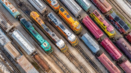 Aerial view of colorful train engines and freight cars parked on parallel tracks in a rail yard