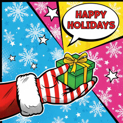 Cartoon, comic book human hands holding day gift box. Retro comics pop art design.