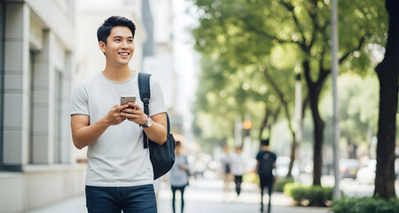 Happy young Asian man walking on city street using smartphone